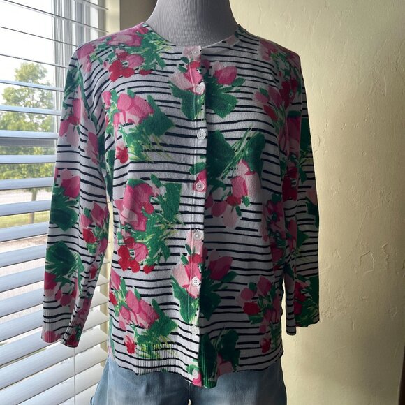 MERONA Striped Floral Cardigan Sweater, Large - Picture 1 of 7